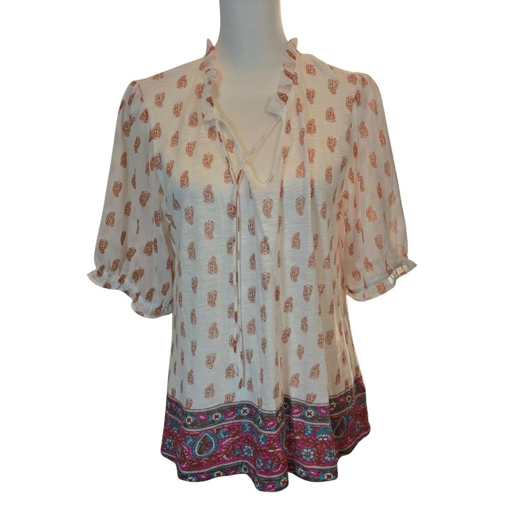 LUCKY BRAND Women's Peasant Blouse V-Neck Tasseled Shirt Sz: L  Paisley Print